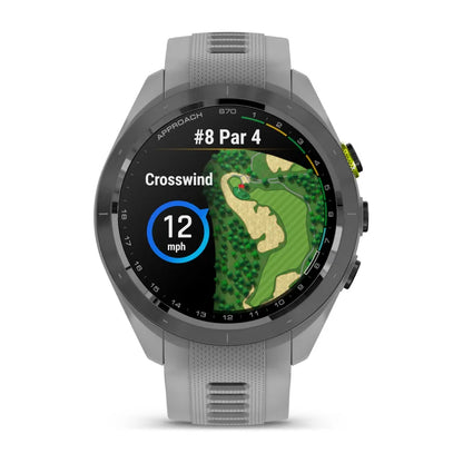 Garmin Approach S70, bisel de cerámica negro/amarillo intenso de 42 mm con correa de silicona gris polvoriento (010-02746-01)