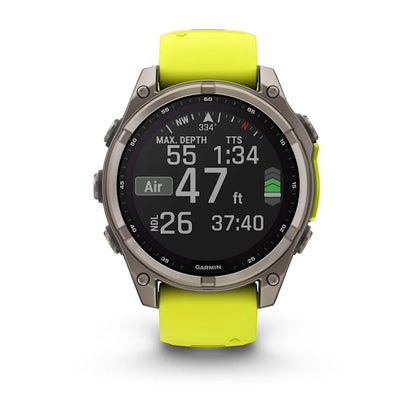 Garmin Fenix 8, 47 mm AMOLED, Solar Sapphire Titanium with Amp Yellow/Graphite Silicone Band (010-02906-20)