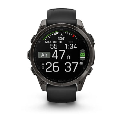 Garmin Fenix ​​8, 47 mm AMOLED Zafiro, titanio DLC gris carbono con correa de silicona negra/gris guijarro (010-02904-20)