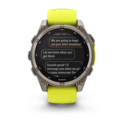 Garmin Fenix 8, 47 mm AMOLED, Solar Sapphire Titanium with Amp Yellow/Graphite Silicone Band (010-02906-20)