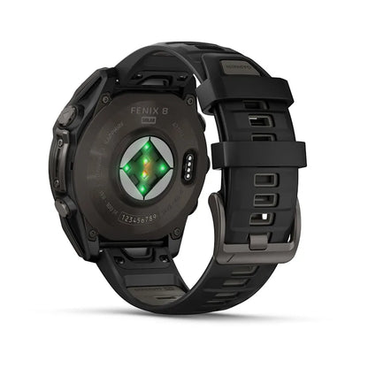 Garmin Fenix ​​8, AMOLED de 47 mm, zafiro solar, titanio DLC gris carbono con correa de silicona negra/gris guijarro (010-02906-10)