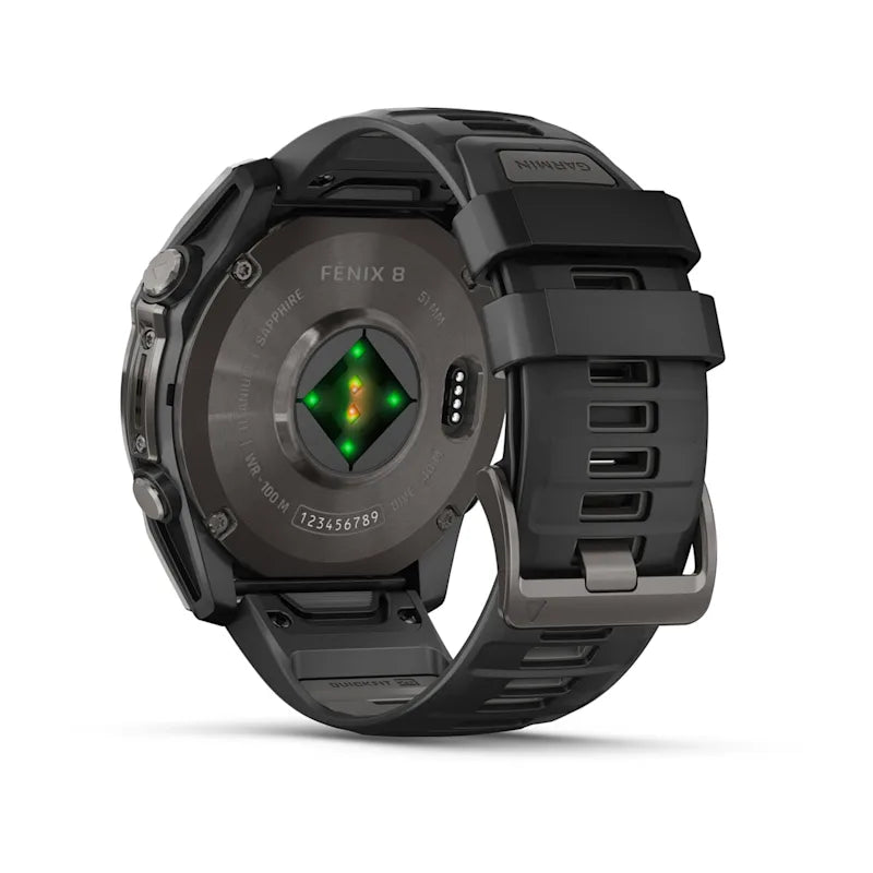 Garmin Fenix ​​8, zafiro AMOLED de 51 mm, titanio DLC gris carbono con correa de silicona negra/gris guijarro (010-02905-20)