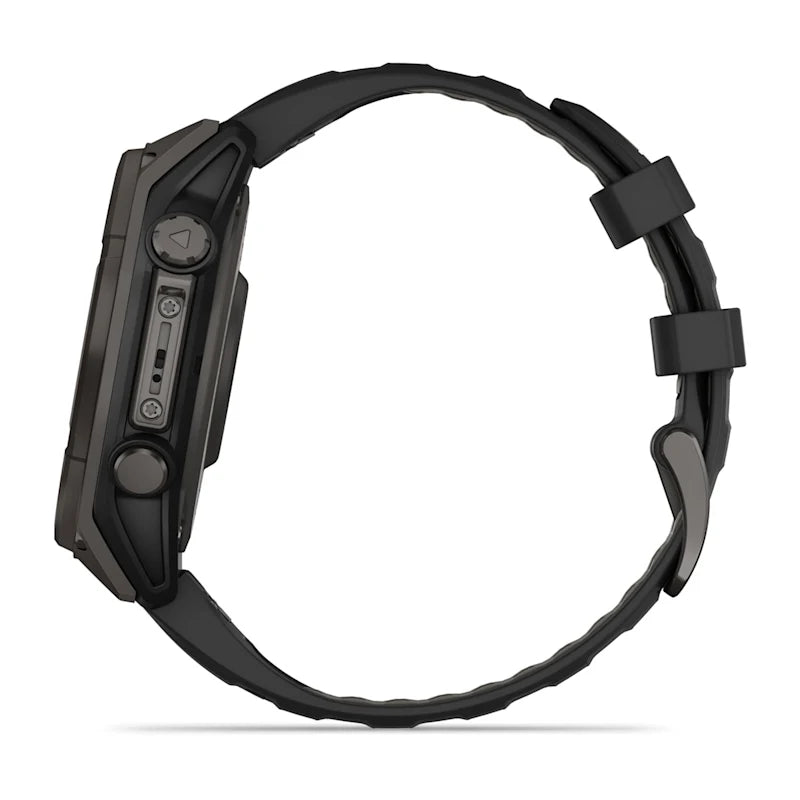 Garmin Fenix ​​8, AMOLED de 47 mm, zafiro solar, titanio DLC gris carbono con correa de silicona negra/gris guijarro (010-02906-10)