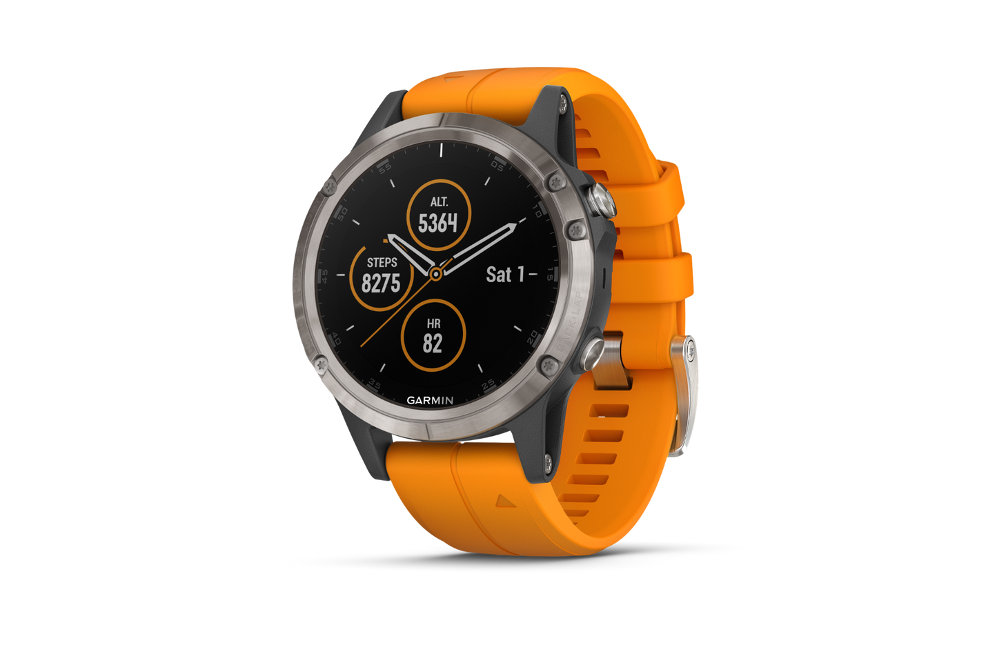 Garmin Fenix 5 Plus Sapphire Titanium w/ Solar Flare Orange Band (010- –  GPS Nation