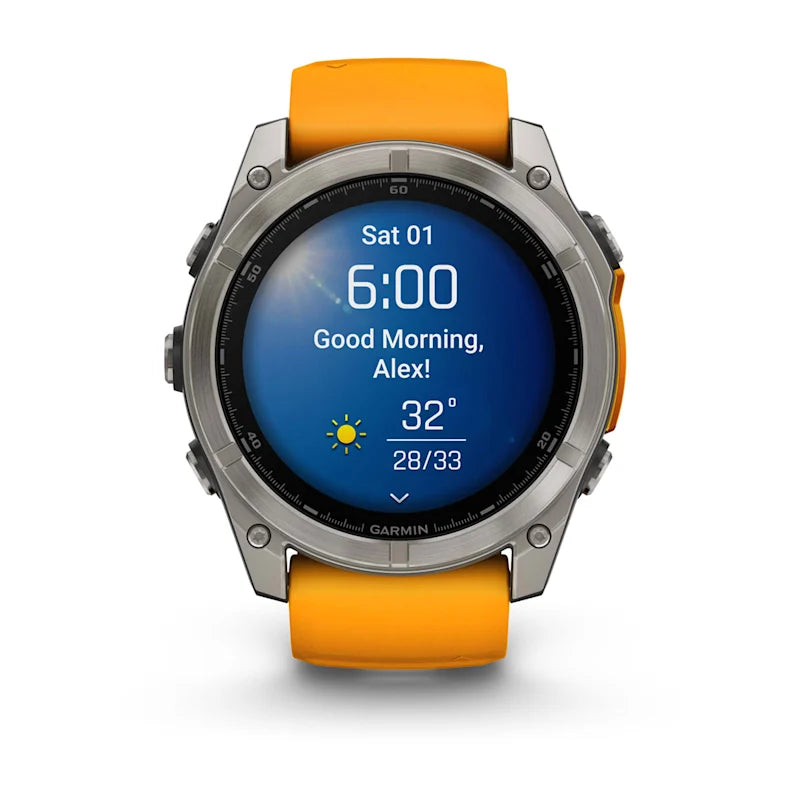 Garmin Fenix ​​8, 51 mm AMOLED Sapphire, titane avec bracelet en silicone Spark Orange/Graphite (010-02905-10)