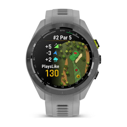 Garmin Approach S70, bisel de cerámica negro/amarillo intenso de 42 mm con correa de silicona gris polvoriento (010-02746-01)