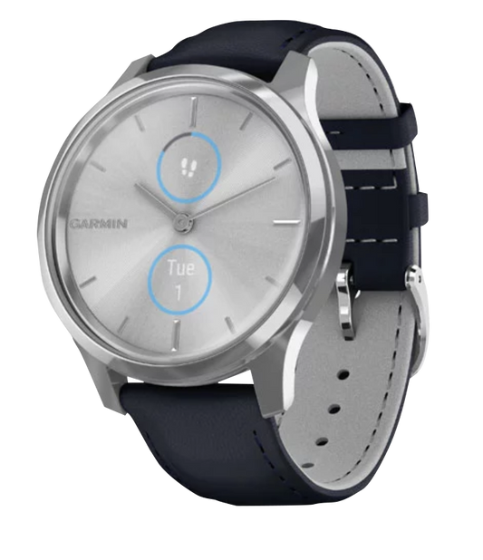 Garmin Vívomove Luxe - Silver Stainless Steel Case with Navy Italian Leather Band