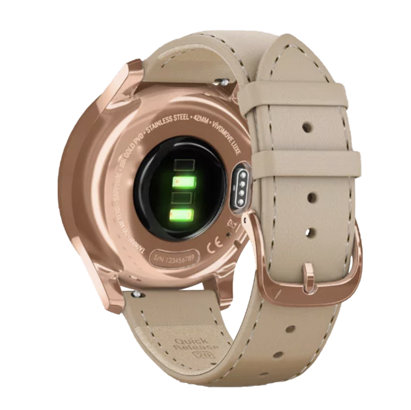 Garmin Vívomove Luxe - 18K Rose Gold PVD Stainless Steel Case with Light Sand Italian Leather Band