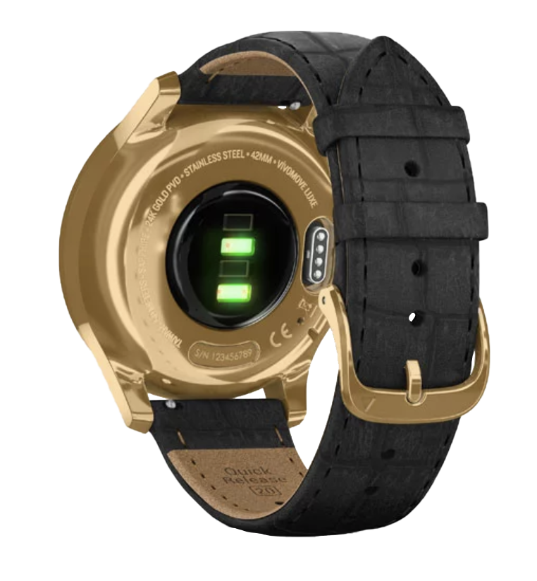 Garmin Vívomove Luxe - 24K Gold PVD Stainless Steel Case with Black Embossed Italian Leather Band