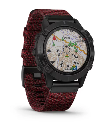 Garmin Fenix 6 Sapphire Black DLC with Heathered Red Nylon Band