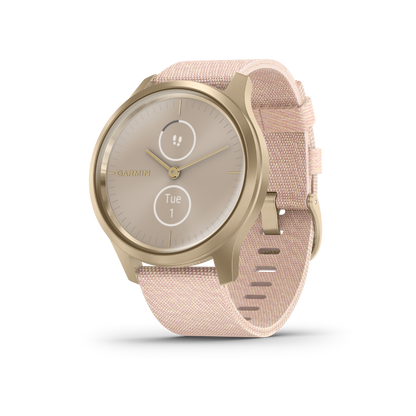 Reloj inteligente Garmin Vívomove Style, dorado claro con correa de nailon rosa ruborizada, con GPS (reacondicionado certificado por Garmin)