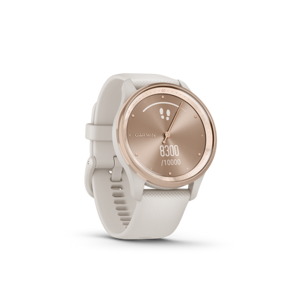 Montre Garmin vivomove Trend avec lunette en acier inoxydable doré pêche et boîtier ivoire et bracelet en silicone (010-02665-01)