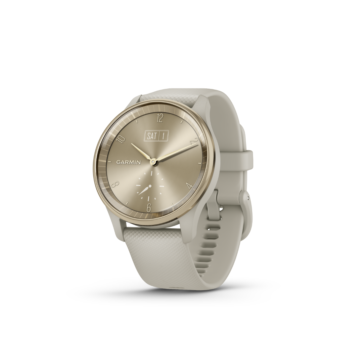 Garmin vivomove Trend Crème Lunette en acier inoxydable doré avec boîtier gris français et bracelet en silicone (010-02665-02)