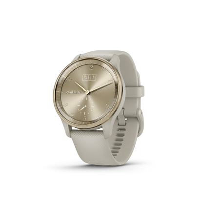 Garmin vivomove Trend Crème Lunette en acier inoxydable doré avec boîtier gris français et bracelet en silicone (010-02665-02)